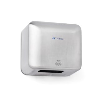 Secamanos con sensor de acero inoxidable satinado, vista en tres cuartos