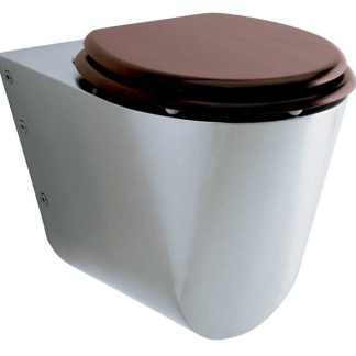 Inodoro suspendido PMR de acero inoxidable satinado, mostrado con tapa de madera