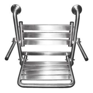 Asiento de ducha abatible de acero inoxidable con respaldo y apoyabrazos, acabado brillo