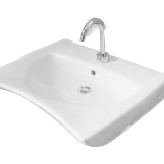 Lavabo PMR de cerámica con frontal cóncavo y apoyo para codos