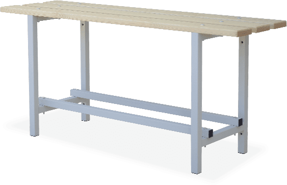 Banco de vestuario con asiento de madera y estructura metálica