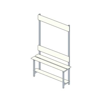 Dibujo de banco fenólico de vestuario con estructura de aluminio, asiento de dos lamas y zapatero