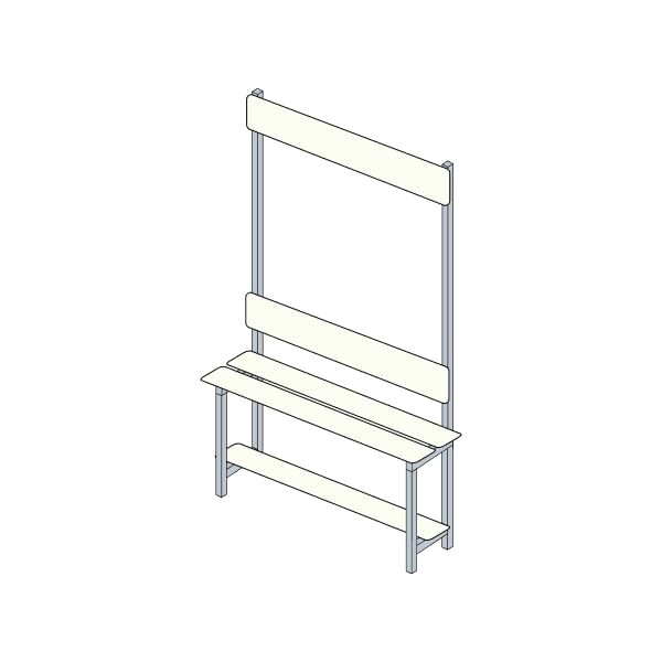 Dibujo de banco fenólico de vestuario con estructura de aluminio, asiento de dos lamas y zapatero