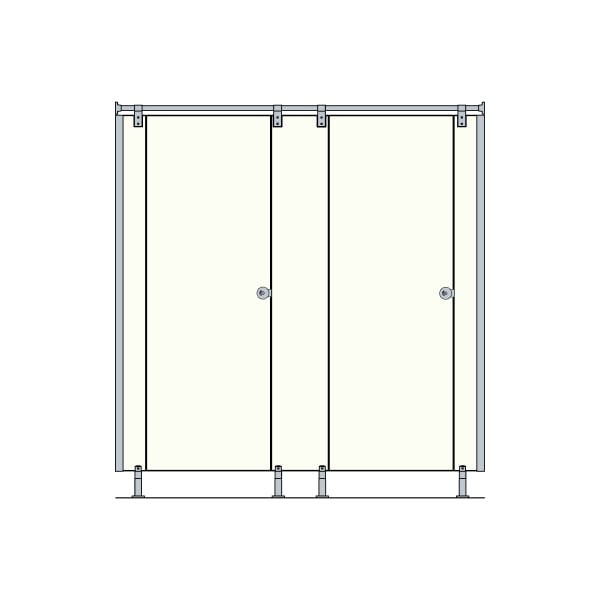 Dibujo de dos cabinas sanitarias fenólicas con puerta y tubo superior de acero inoxidable
