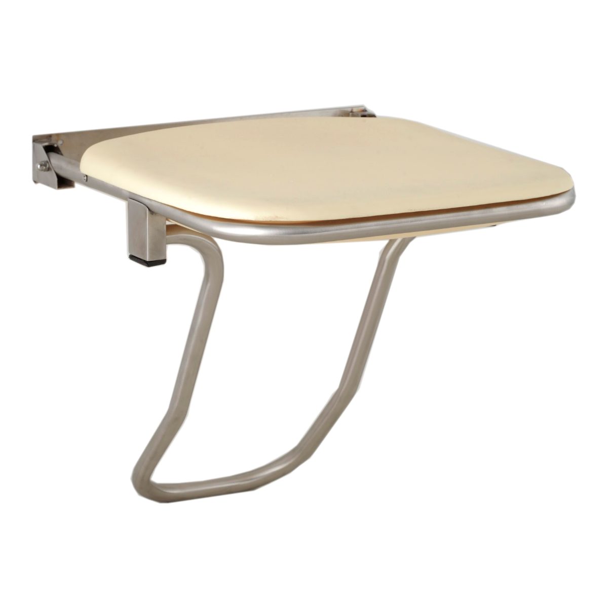 Asiento de ducha abatible con asiento de polímero beige y estructura de acero inoxidable