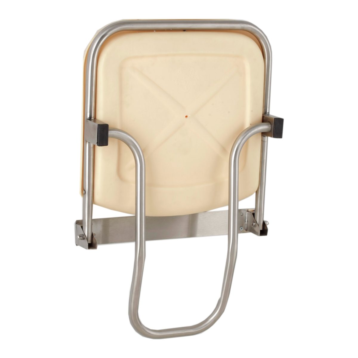 Asiento de ducha de polímero beige y acero inoxidable en posición plegada
