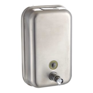 Dosificador de jabón líquido de pared en acero inoxidable satinado con pulsador inferior